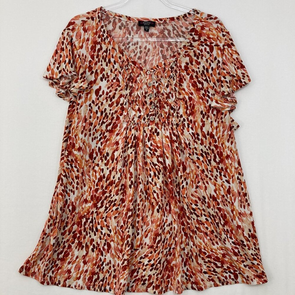Cocomo size 2X Brown White Artsy Stretch Short Sleeve Button Popover Blouse
